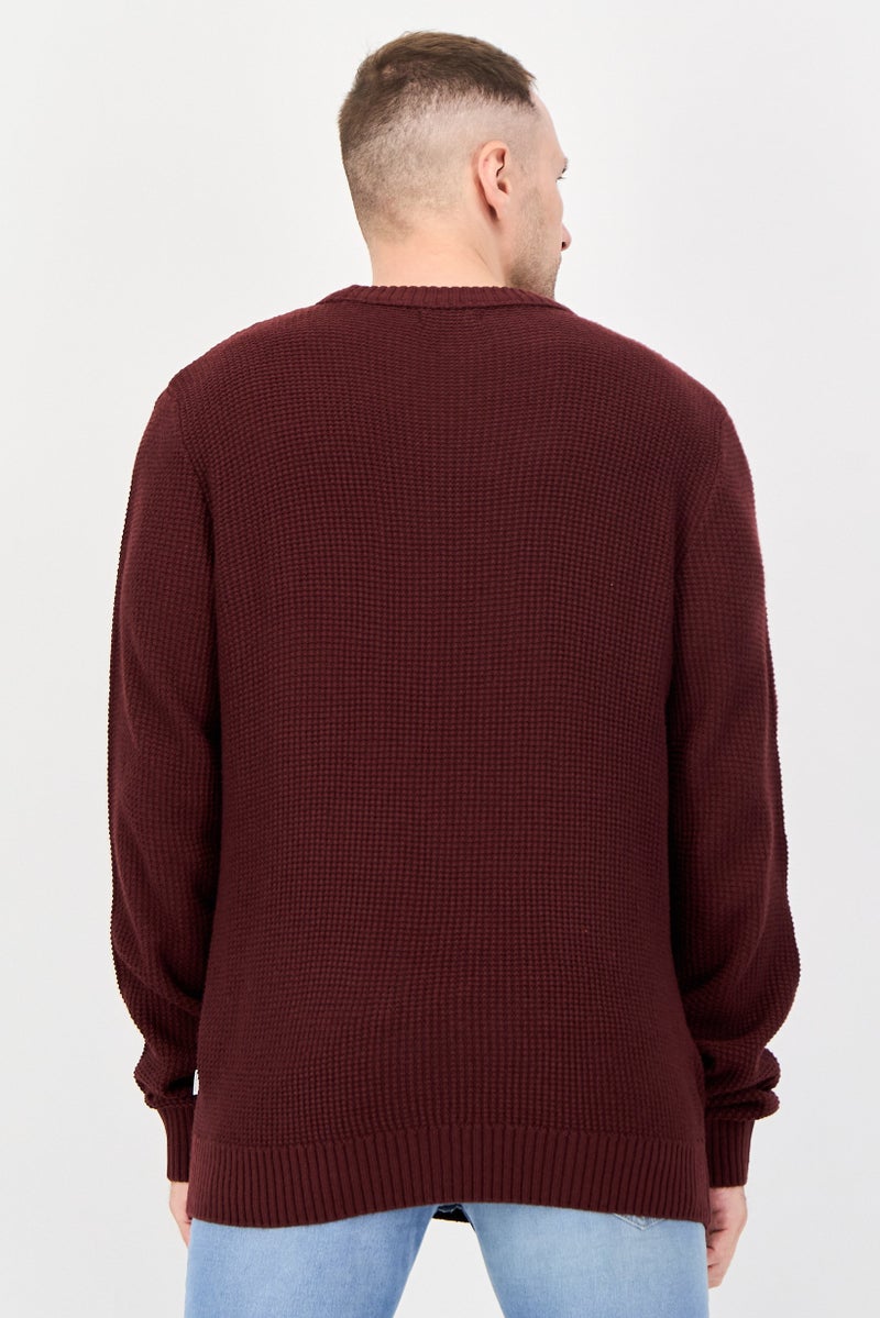 JACK & JONES Men Crew Neck Knitted Sweater, Maroon - Image 3